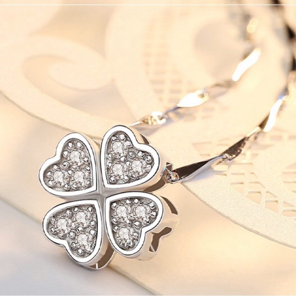 Solid sterling Silver Heart Clover Necklace with Sparkling Simulated diamond